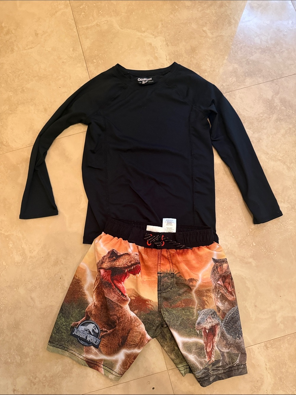 OshKosh B'gosh Black Rash Guard with Dinosaur Print Swim Trunks